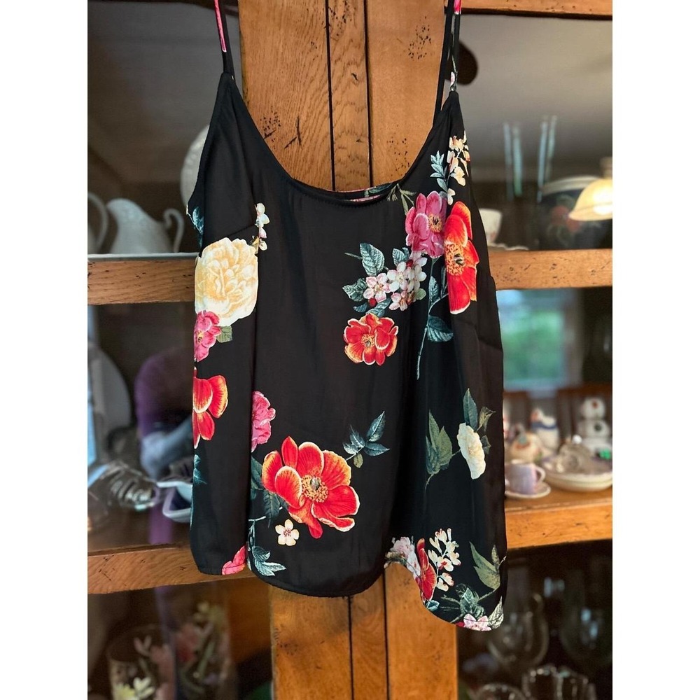 Old Navy Black Floral Satin Camisole Tank Top Relaxed Scoop Neck Small